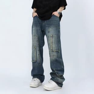 American Vintage Straight Jeans Summer Washed Raw-Hem Multi-Pocket Cargo Pants for Men Loose Wide-Leg Casual Long Pants
