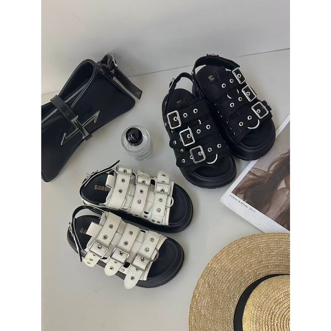 Shanni BAHONGLY Black Platform Sandals Women's 2025 Summer High-rise Non-slip Punk-style Rivet Torre Shoes