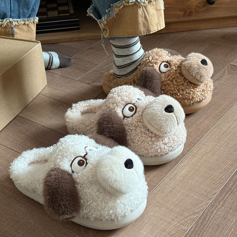 Soft and Cute Cartoon Puppy Fluffy Slippers for Women, Autumn and Winter Indoor Home Warm Non-Slip Parent-Child Cotton Slippers for Men