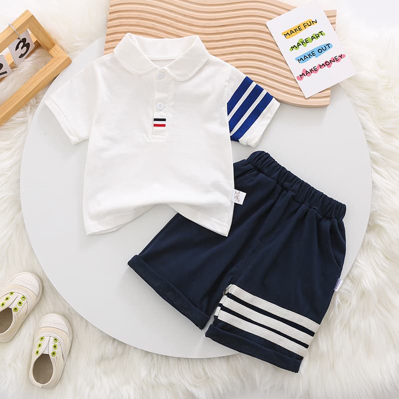 Boys' short-sleeved suit summer new lapel Polo shirt college style sportswear casual wear children's two-piece trendy set