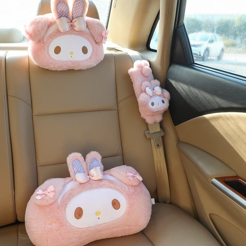 Kawaii My Melody Pink Sheep Car Lumbar Support Cushion, Headrest, Neck Pillow, Seatbelt Cover for Women