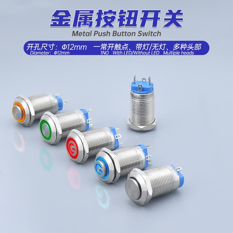 12mm Metal Push Button Switch Key Insert Pin Self-Locking Momentary Reset High Flat Head with Light/No Light