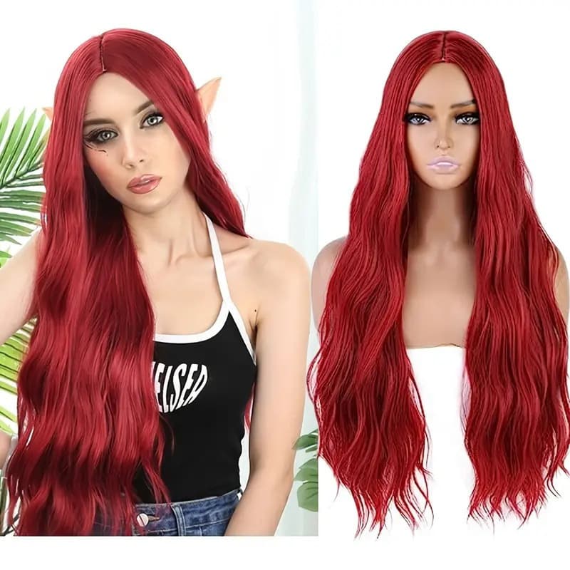 Temu foreign trade new product European and American fashion wig headgear red temperament water ripple medium-parted long curly hair high temperature wire