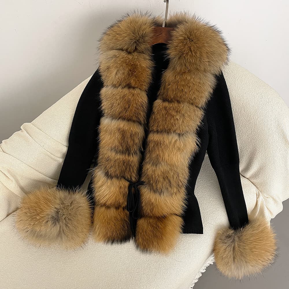 Best-Selling Women's Knit Sweater with Detachable Real Fox Fur Trim on Collar and Cuffs, Cardigan Fur Coat