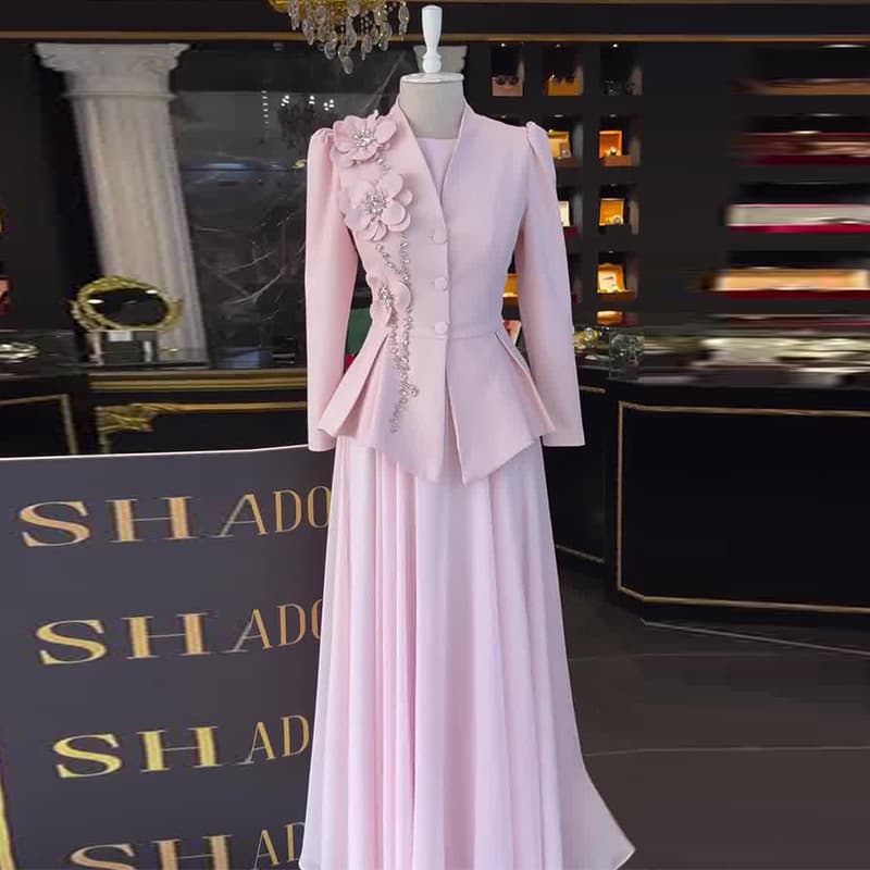 2026 Amazon Cross-Border Trade European and American Women's New Fashion Waist-Cinching Pink Floral Rhinestone Elegant Dress Set