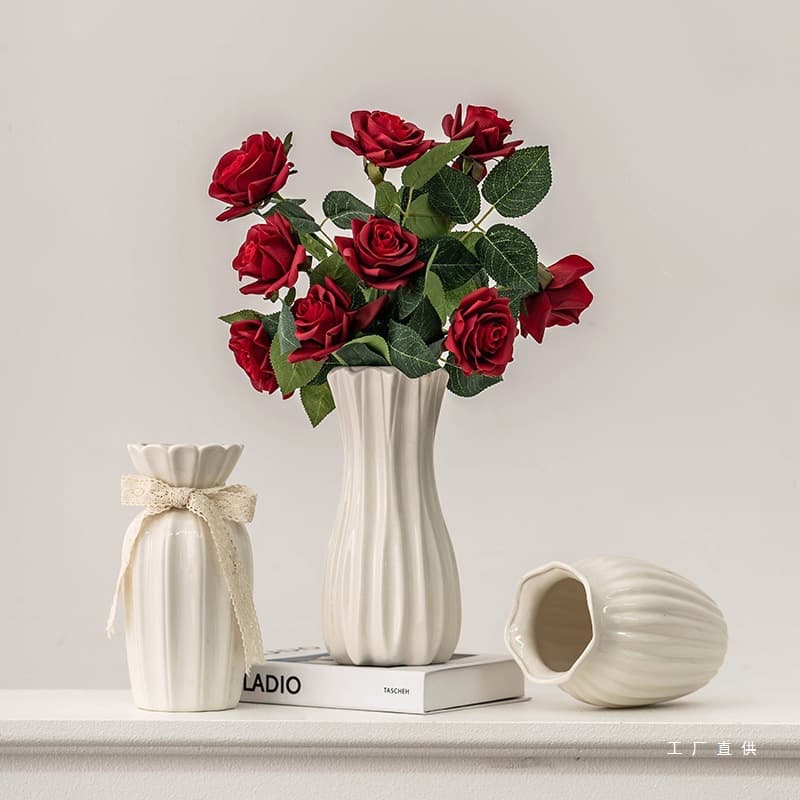 European Style Rose Flower Vase White Minimalist Ceramic Flower Vessel for Living Room Dining Table Dried Fresh Flowers Hydroponic Decorative Ornament