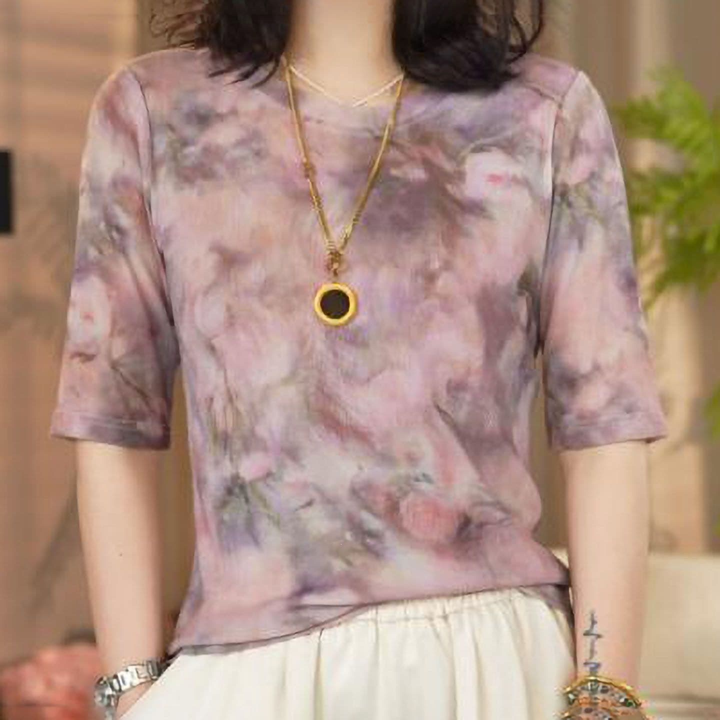 Summer new high-end temperament slim and versatile thin round-neck tie-dye T-shirt design top 7347#