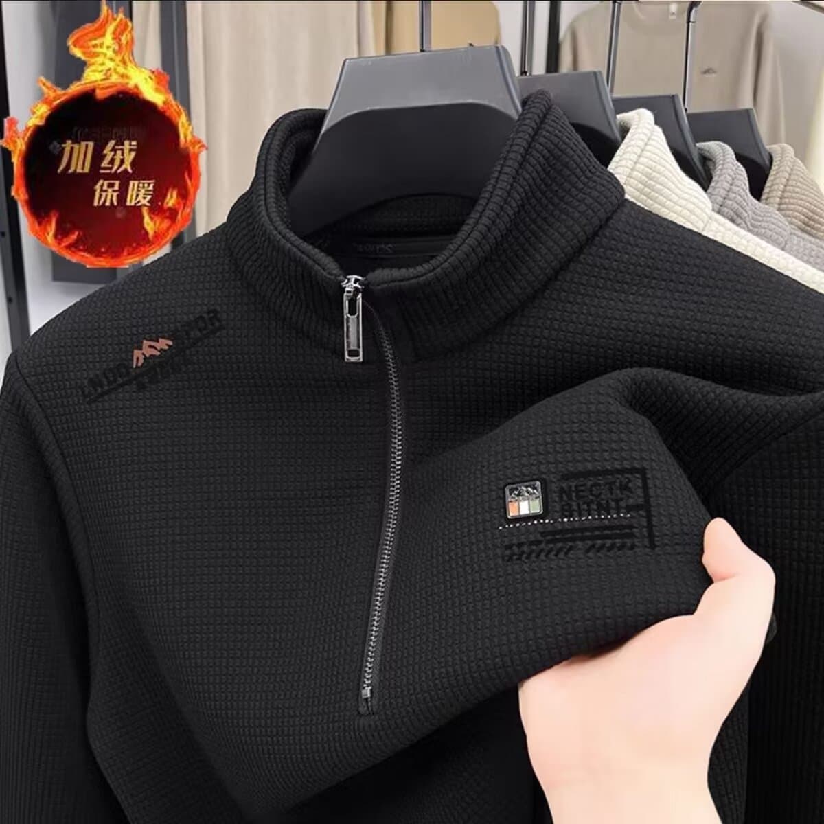Autumn Winter Fashion Men's Hoodie Waffle Stylish Versatile Half-Zip Stand Collar Jacket Fleece-Lined Thickened Top for Outer Wear
