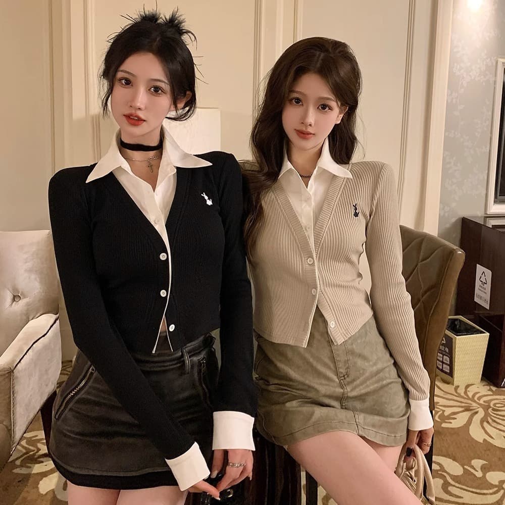 Polo Collar Embroidered Long Sleeve Cardigan Women Spring and Autumn Season Design Sense Shirt Patchwork Slim Short Style Fake Two-Piece Top