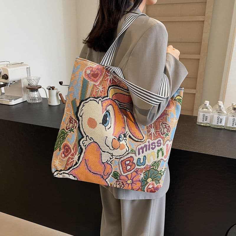 Cartoon canvas bag large capacity women's casual shoulder bag tote bag handbag embroidered bag