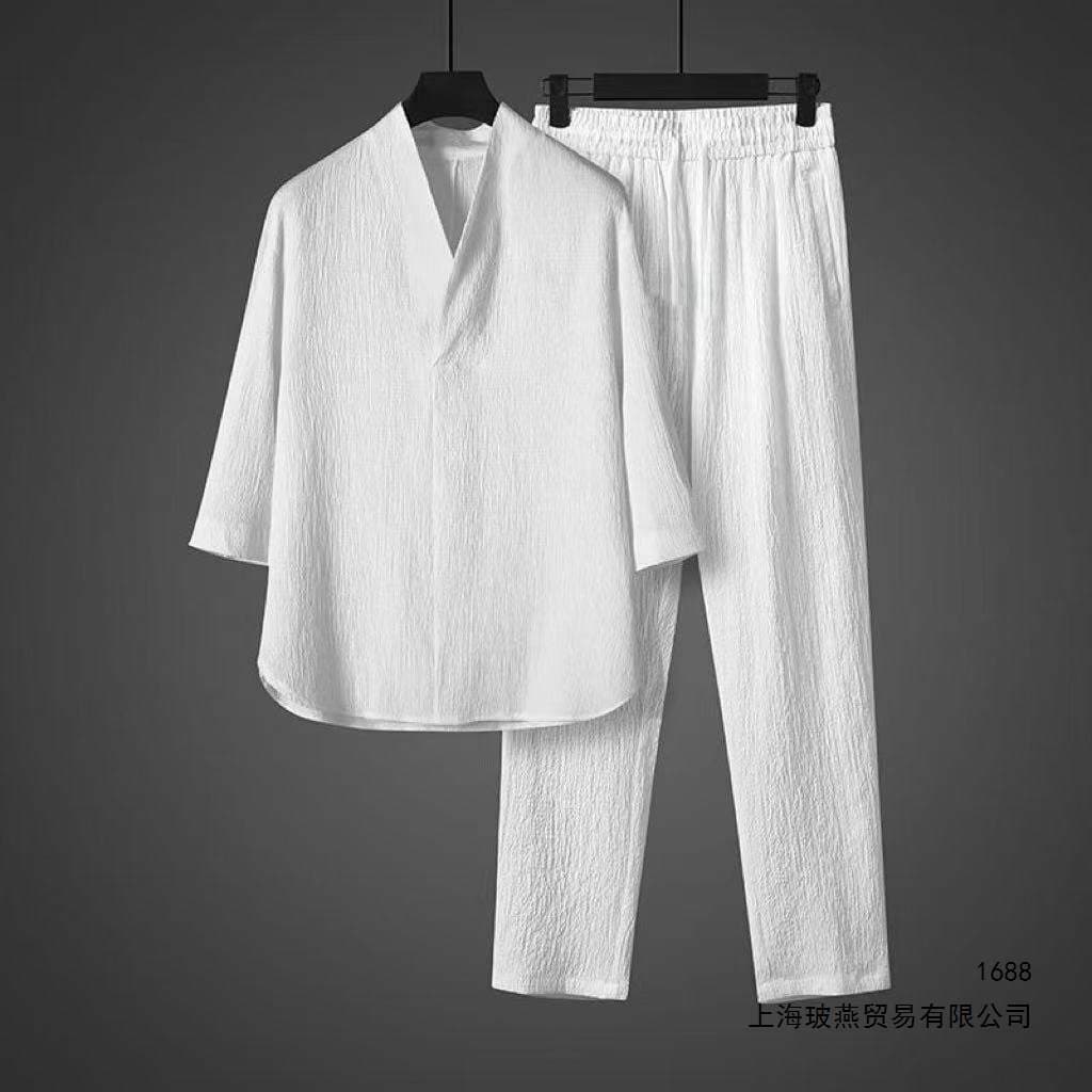 Ice Silk Draped Chinese Style Men's Thin T-Shirt Short Sleeve Summer Loose Plus Size Tang Suit Two-Piece Set