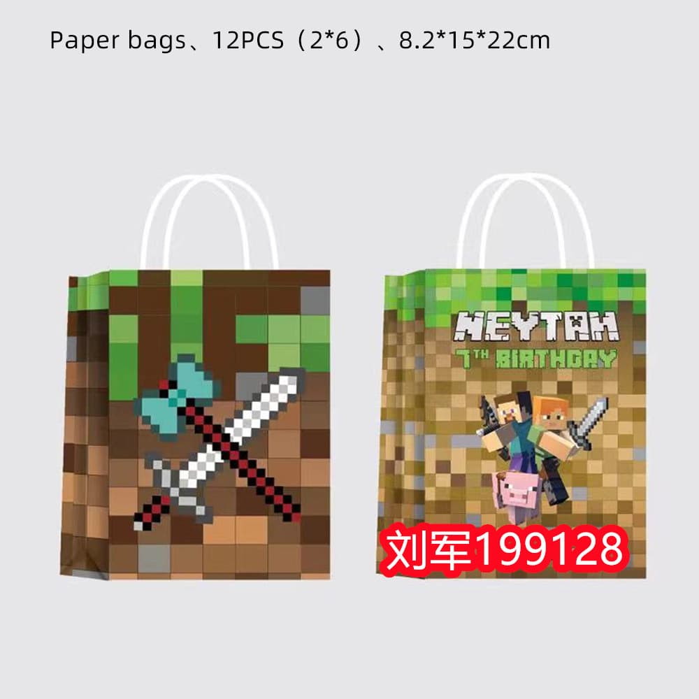 Minecraft Themed Birthday Party Decorations - Tablecloth, Backdrop, Hats, Bunting Banner, Gift Bags