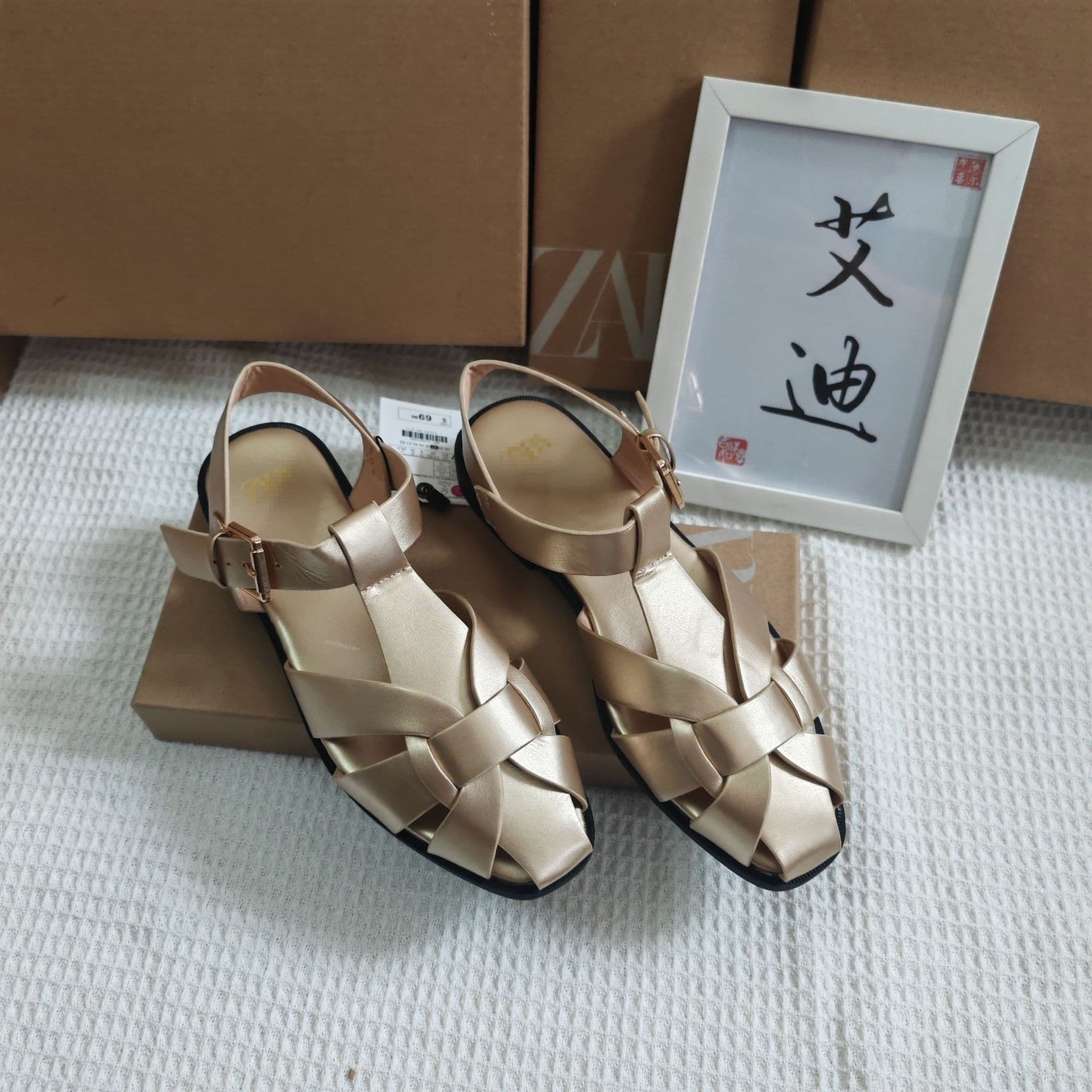 Cross-Border International Site Za Original Unpacked Woven Flat Roman Sandals for Women with Toe Cap and Back Strap Women's Sandals Wholesale
