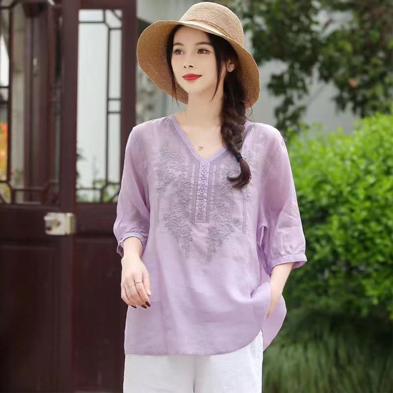 Vintage Summer New Short Sleeve Cotton Linen T-Shirt Loose Fitting V-Neck Embroidered Pure Cotton Blouse Women's Top