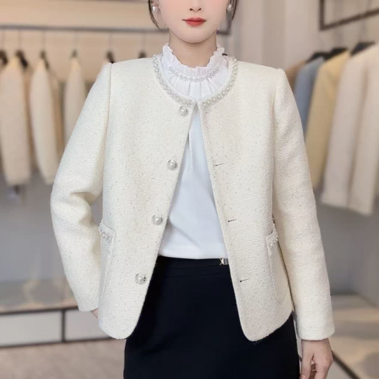 986-25 New Solid Color Pearl Versatile Chanel-Style Short Jacket