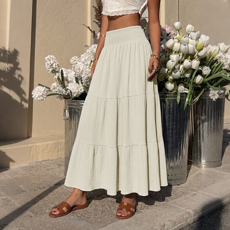 TikTok Europe and America 2026 Summer New Simple Vacation Style Long Skirt High Waist Solid Color Textured Cake Midi Skirt