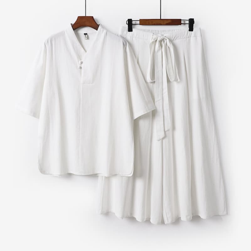 Plus Size Linen Set Chinese Style Men's Improved Hanfu Monk Robe Cotton Linen Tea Costume Ethnic Clothing