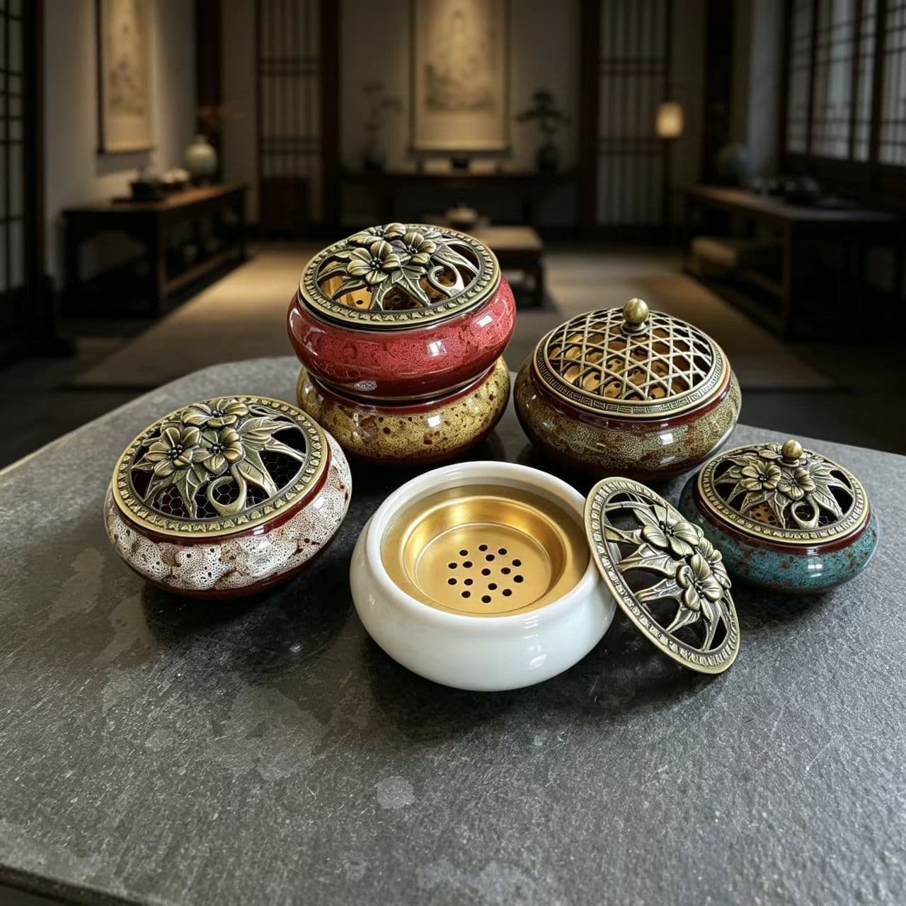 Ceramic Sandalwood Burner Net Cover, Coil and Stick Incense Holder, Three-Legged Buddhist Censer, Celestial Crackle Glaze Incense Burner, Factory Wholesale