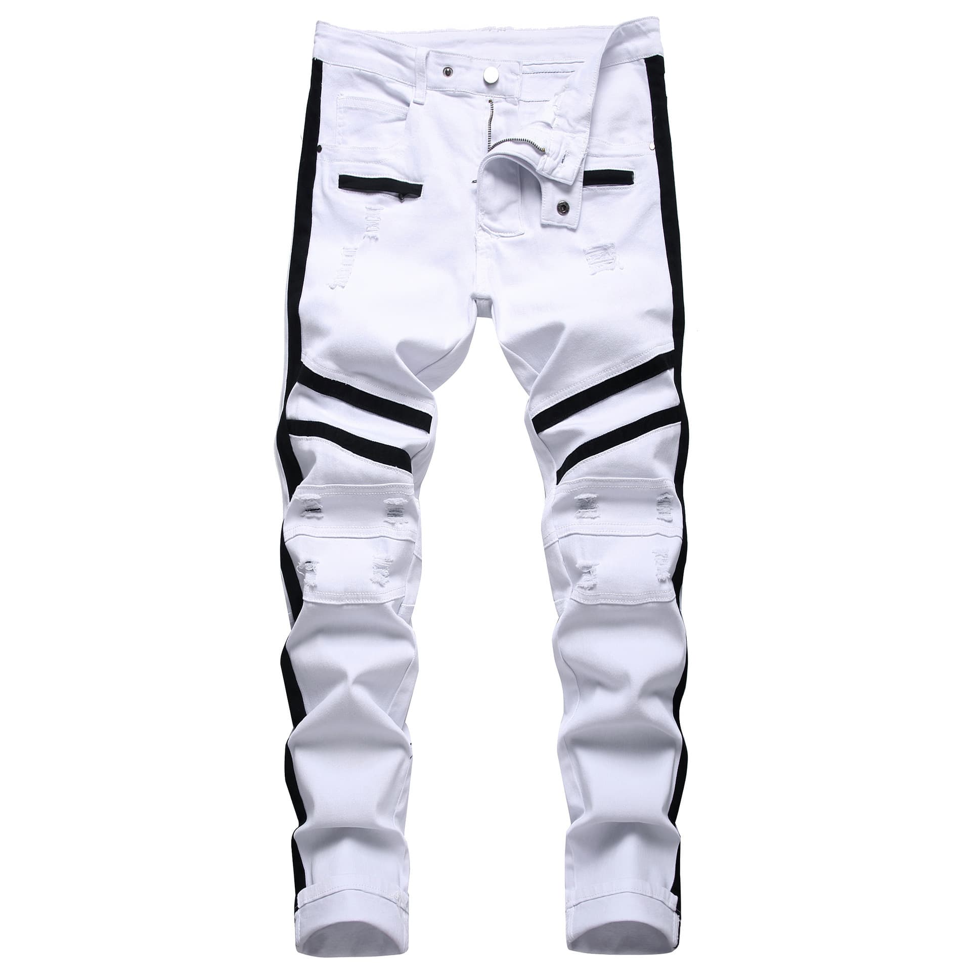 White Denim Jeans Men's Casual Slim Fit Elastic Fashion Hole Punching Leisure Long Pants Straight Leg Jeans mid Waist Zipper Opening