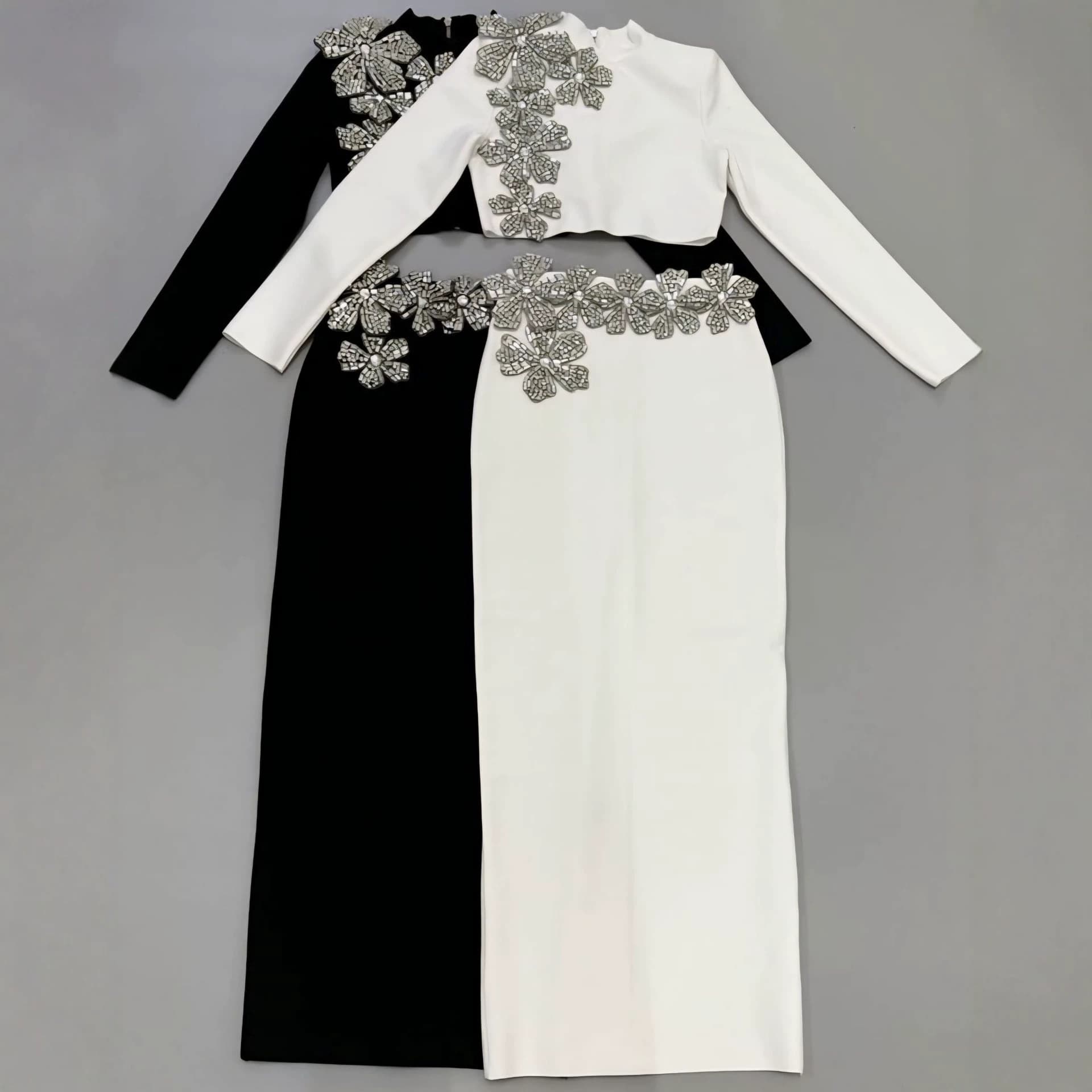 Banded Rhinestone Long Sleeve Mock Neck Crop Top + Long Skirt Two-Piece Evening Gown Summer Set European and American Style
