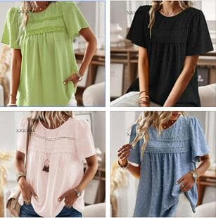 Summer Women's Blouse, Foreign Trade Round Neck Lace Trim Short Sleeve Top