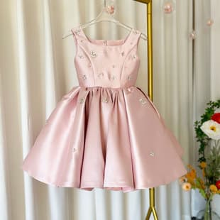 Pink Children's Birthday Princess Dress Satin Cross-Border European and American Little Girl Performance Host Dress