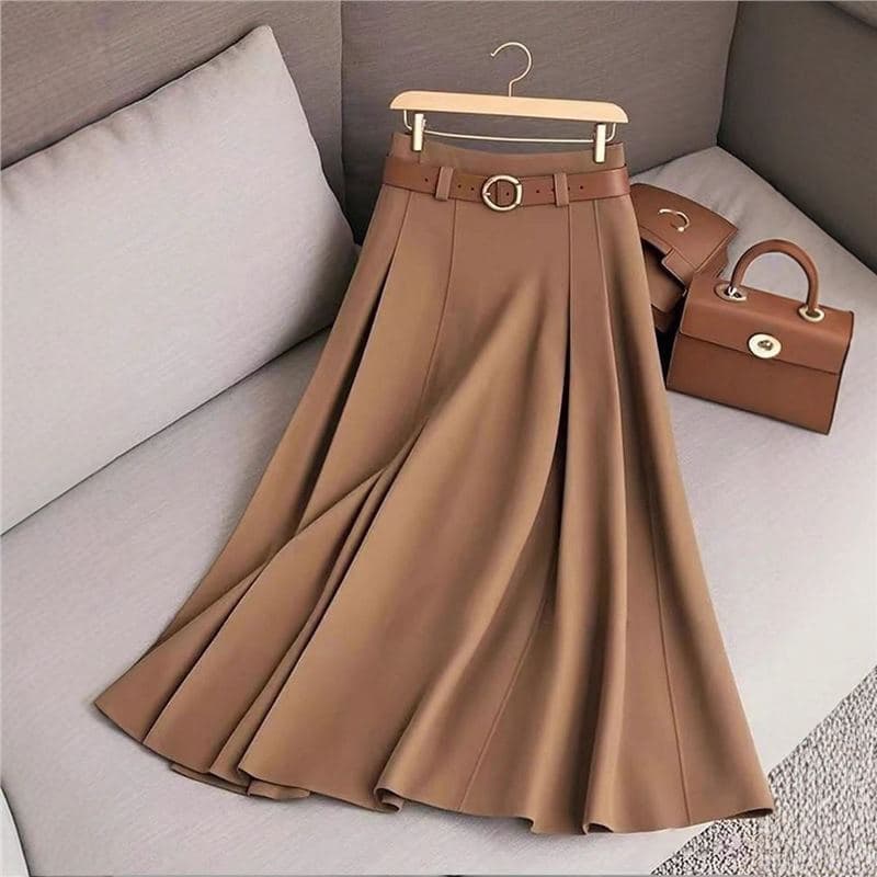 2025 European and American cross-border foreign trade women's clothing independent station Amazon spring and autumn solid color casual pleated skirt with belt