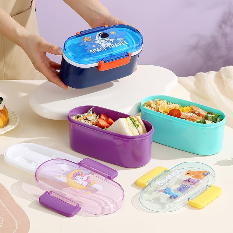 Cross-Border Cartoon Children's Lunchbox with Cutlery, Microwave-Safe Single-Layer Plastic Lunch Box, Portable Student Lunchbox