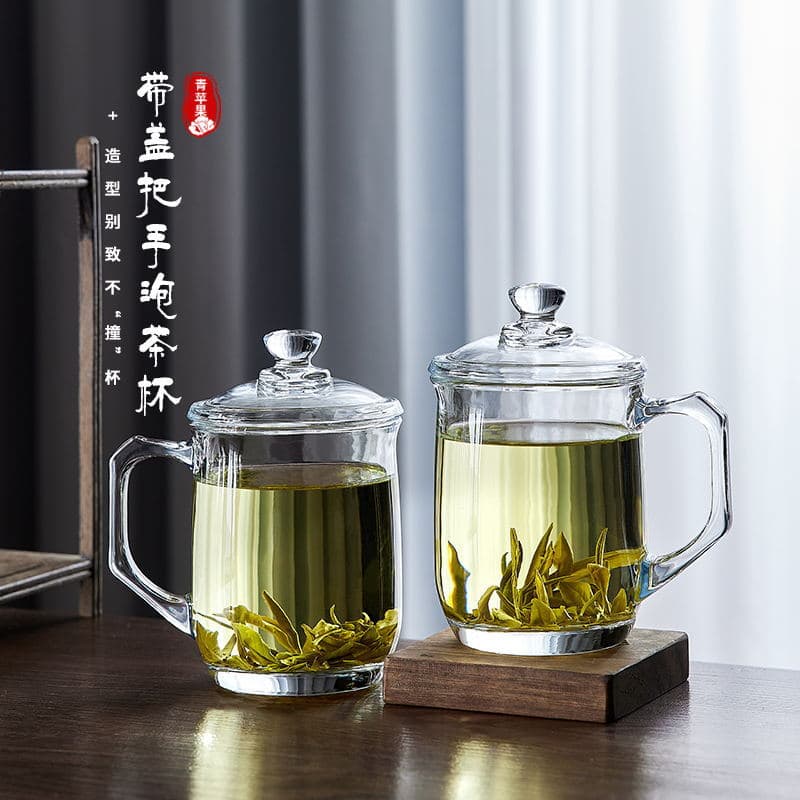 Heat-Resistant Glass Cup with Green Apple Design, Large Capacity Tea Infuser with Lid, Household Tea Cup