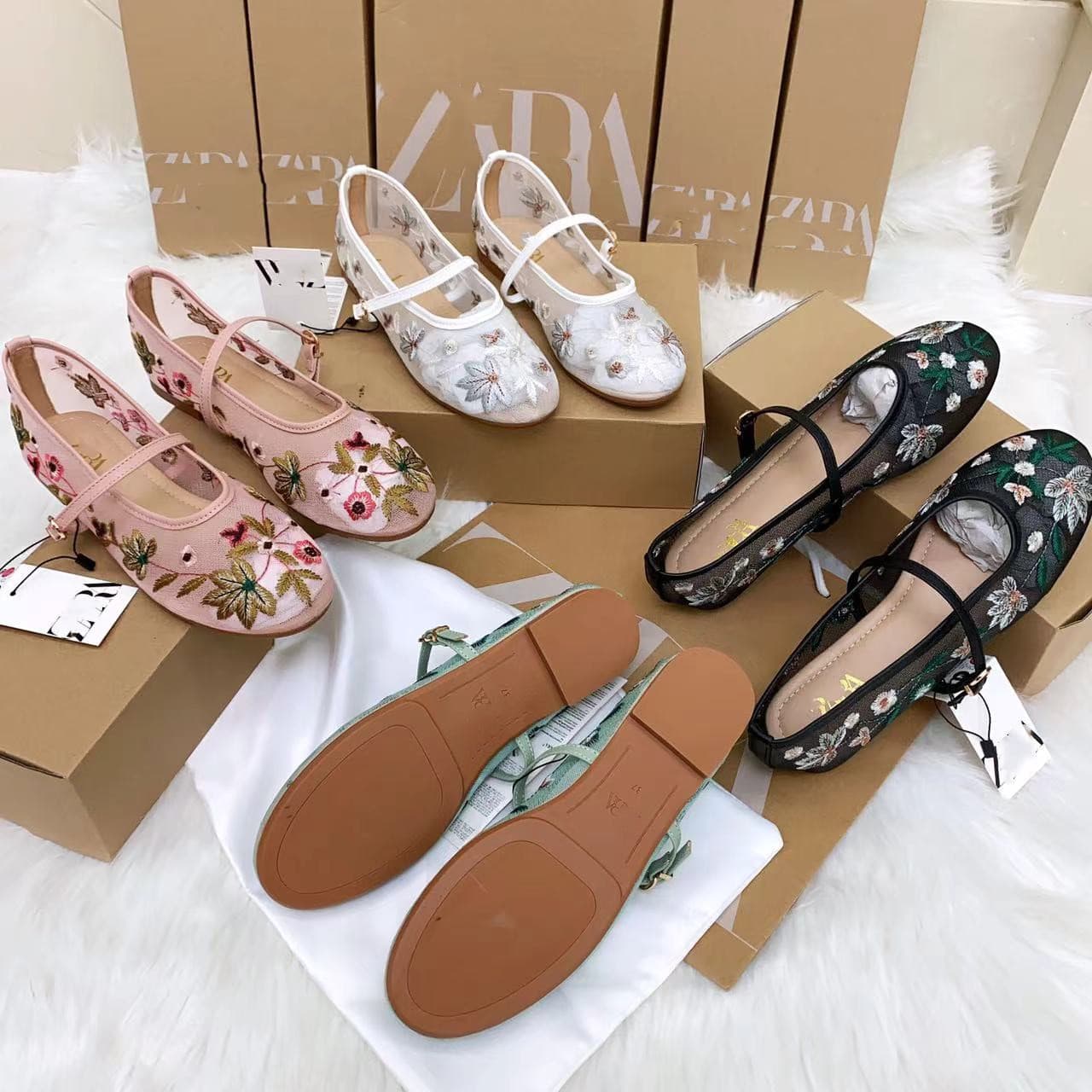 2026 New ZA Style Embroidered Mary Jane Shoes for Women, Round Toe Flat Shoes, Low-Cut Mesh Flower Breathable Women's Shoes