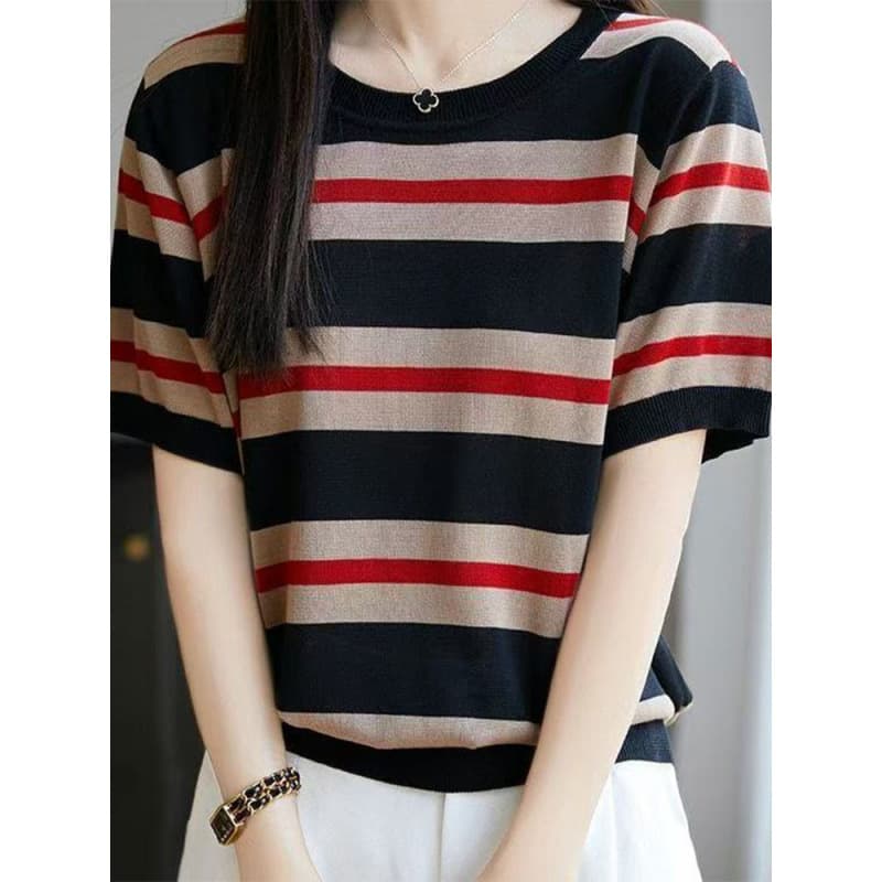 Cool Feeling Ice Silk Round Neck Color Block Striped Knit Short Sleeve T-Shirt Thin Versatile Summer Half Sleeve Base Layer Top Women