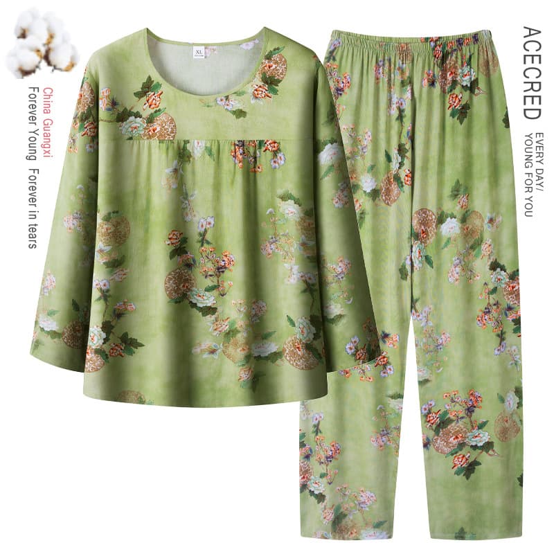 Chunqiu Plus Size Cotton Silk Pajamas for Women, Summer Thin Long Sleeve Cotton Silk Two-Piece Set, Middle-aged and Elderly Artificial Cotton Homewear