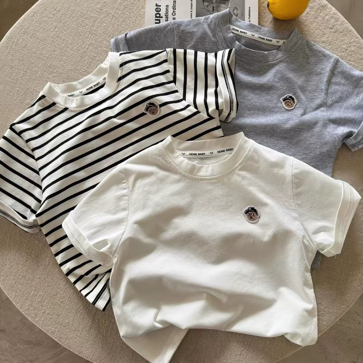 Boys Short Sleeve 100% Cotton T-Shirt 2026 Trendy Undershirt Cartoon Bear 1-8 Years Old Baby Summer Top Wholesale