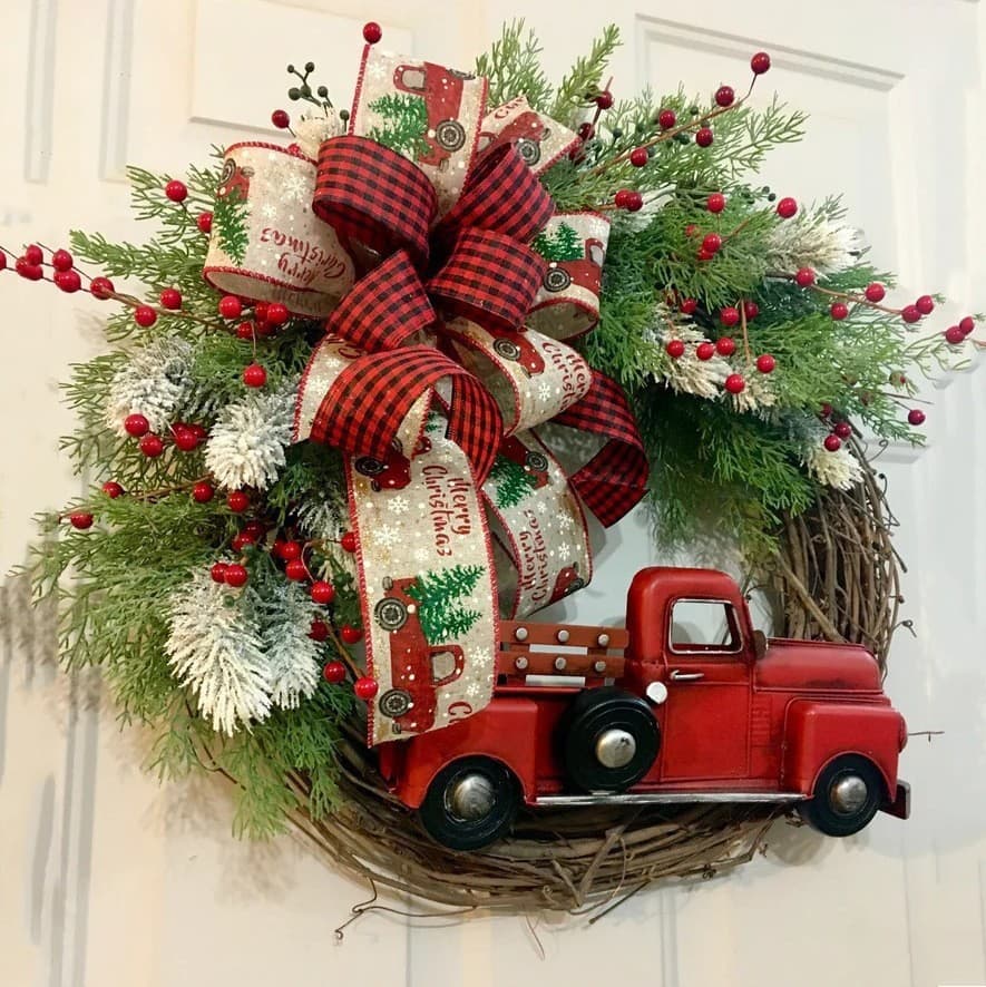 Gang Zhi Lian Cross-border New Product Red Truck Christmas Door Hanger, Farmhouse Red Truck Wreath Christmas Wreath Decoration