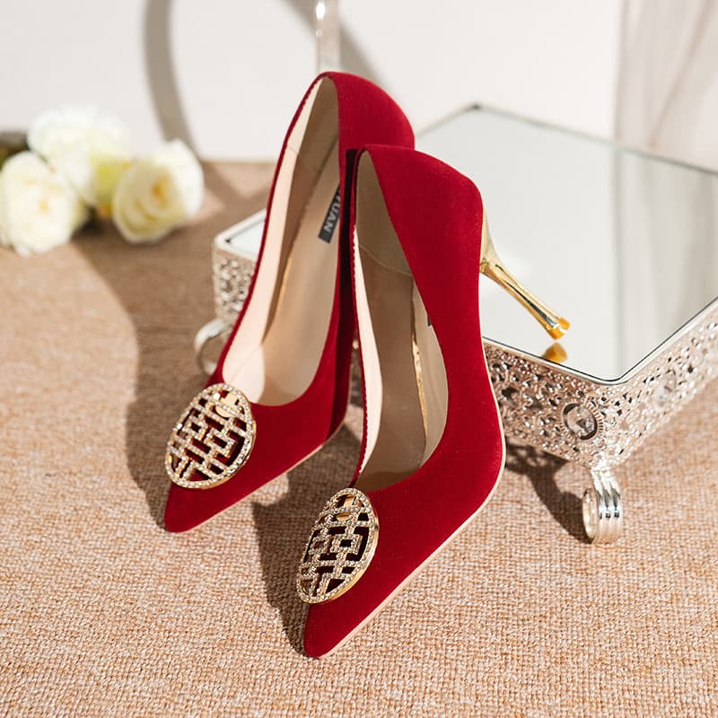 Wedding Shoes Xiuhe Bridal Rhinestone Red High Heels Women's Spring Autumn Pointed Toe Fashion Mid Heel Pumps