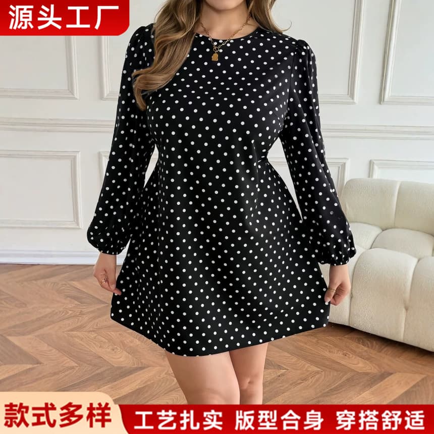 European and American cross-border new large size polka dot dress long-sleeved waist slimming backless drawstring fashionable temperament short skirt