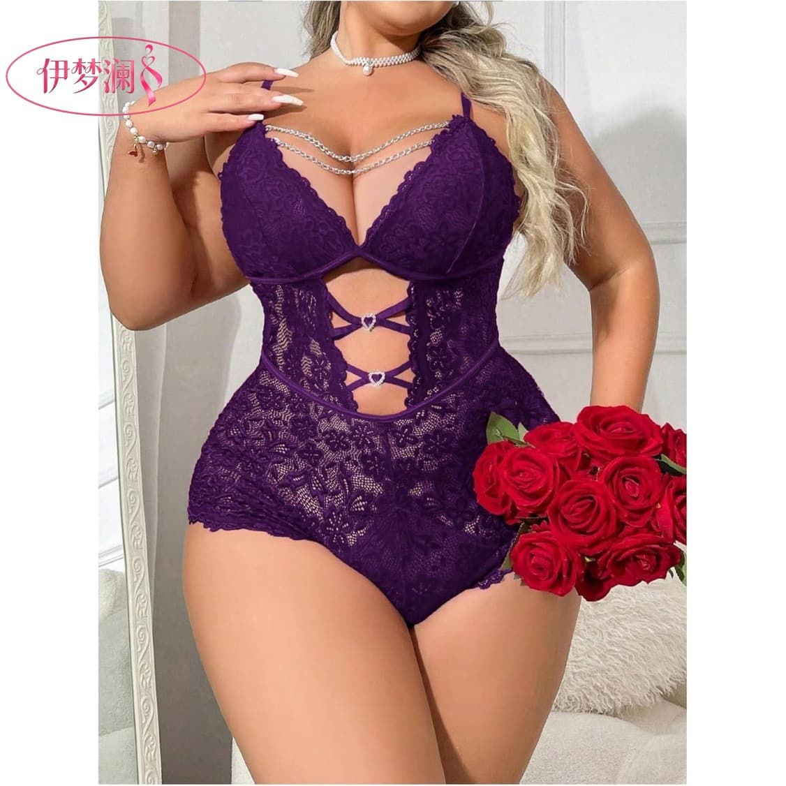 Yimenglan Sexy Sleepwear European Plus Size Lace Lingerie Deep V Backless See-Through Women's Sexy Nightgown