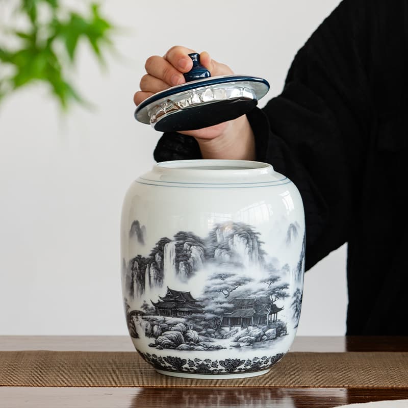 Retro Landscape Ceramic Tea Caddy, Large Container for Green, Black, White, and Liubao Tea, Sealed Tea Storage, Gift Box Packaging
