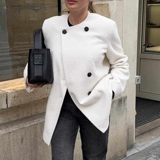 Chanel-style White Wool Coat for Women, Round Neck, Double-Breasted, Asymmetric Hem, with Pockets, Loose Fit Woolen Overcoat