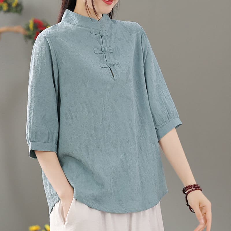 Cotton Loose T-Shirt Vintage Plus Size Chinese Knot Half Sleeve Shirt Women's Mandarin Collar Zen Tea Dress Loose Pullover
