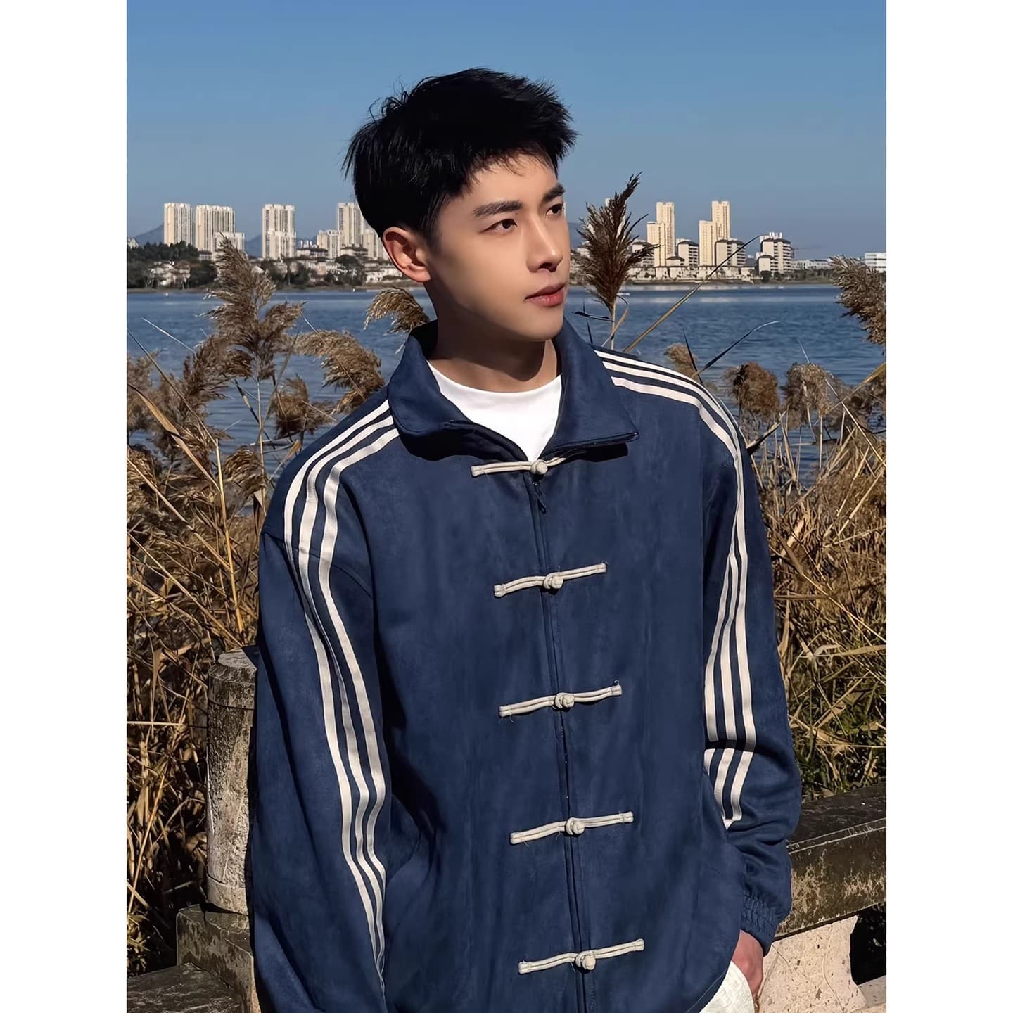 Blue New Chinese Style National Wind Button Coat Men and Women Spring Autumn High-End American Retro Three-Stripe Stand Collar Jacket