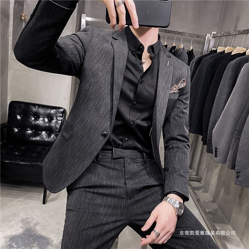 New Men's Suit Set Korean Slim Fit Three-Piece Suit for Men Full Suit