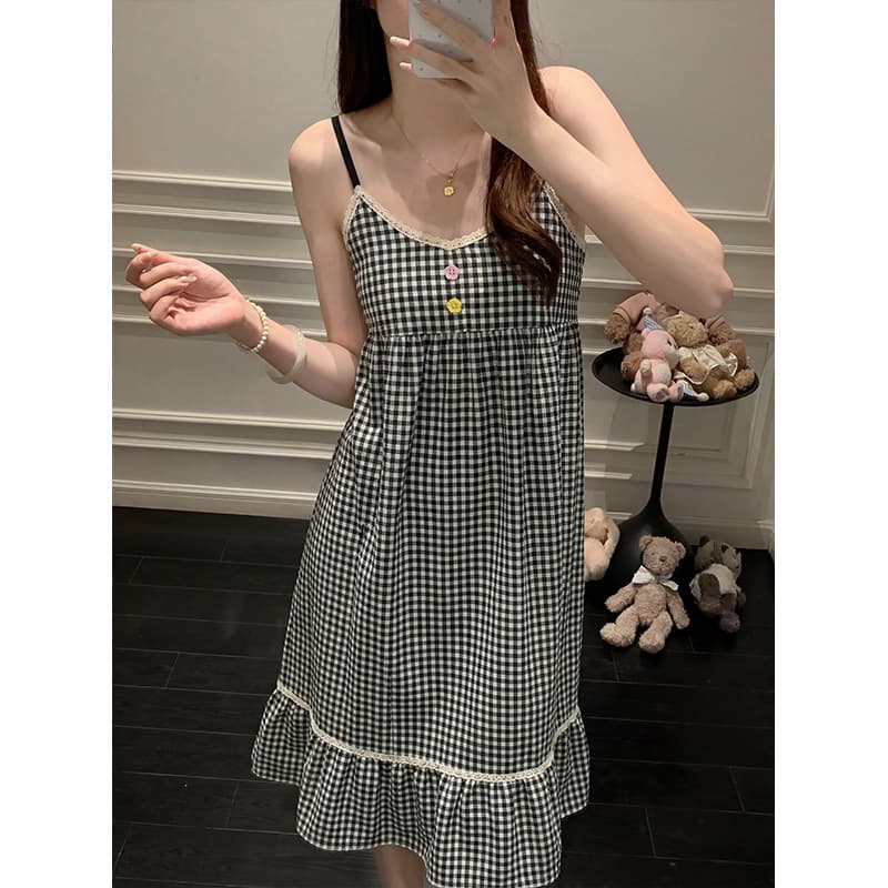 Summer New Style Cloud Cotton Suspender Lace Nightgown Pajamas for Women, Mid-Length, Can Be Worn Outside, with Breast Pads, Home Wear