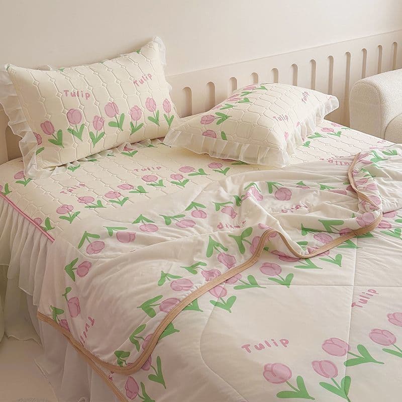 Class A Natural Latex Cooling Mat Summer Quilt Bed Skirt 4-Piece Set, Washable Ice Silk Mat 3-Piece Set, Air Conditioning Quilt Soft Mat