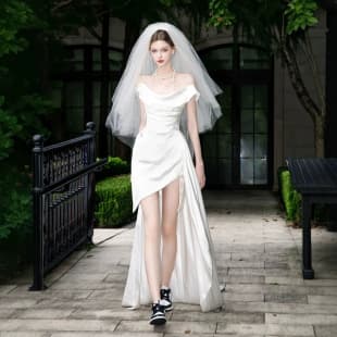 Satin Light Wedding Dress White Simple One-Shoulder French Short Style Elegant Certificate Collection Registration Engagement Dress