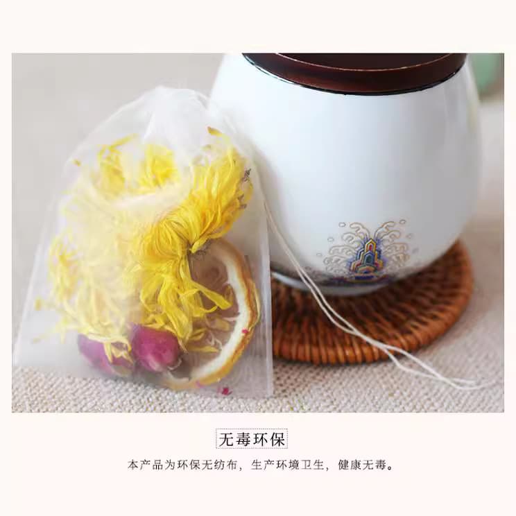 Food-grade self-sealing drawstring nylon disposable tea bags, brewing filter bags for floral and regular teas, and steaming/cooking mesh bags.