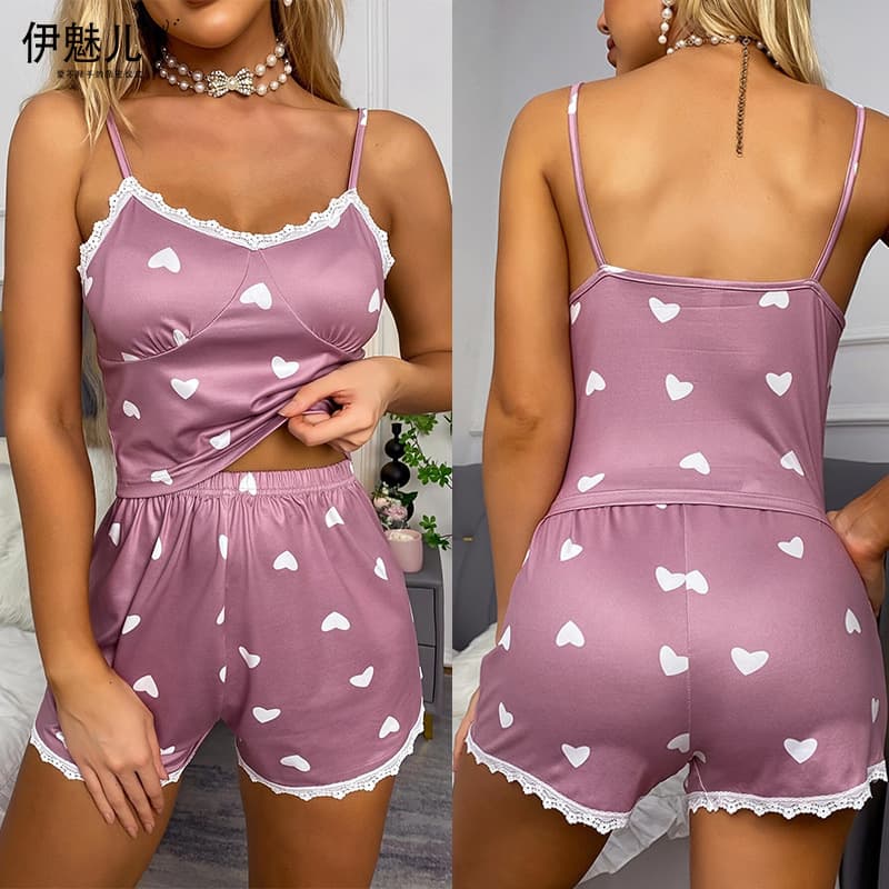 New Cross-Border Amazon Europe and America Home Summer Lace Heart Print Set Women's Loungewear