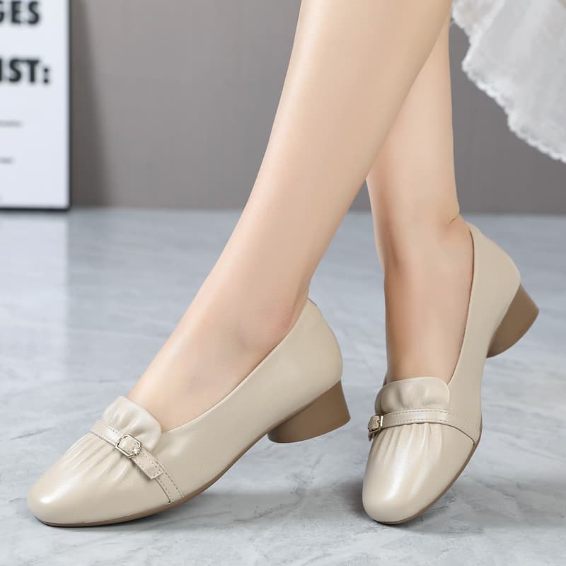 Sheepskin Loafers for Women Spring Autumn Chunky Heel Slip-on Comfortable Versatile Mother Shoes Low Heel Commute Shallow Mouth Women's Shoes