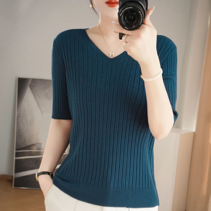 2024 Summer Cross-Border Women's Knitted Short-Sleeved Korean Style V-Neck Solid Color Pullover T-Shirt Armhole Strip Top Dropshipping