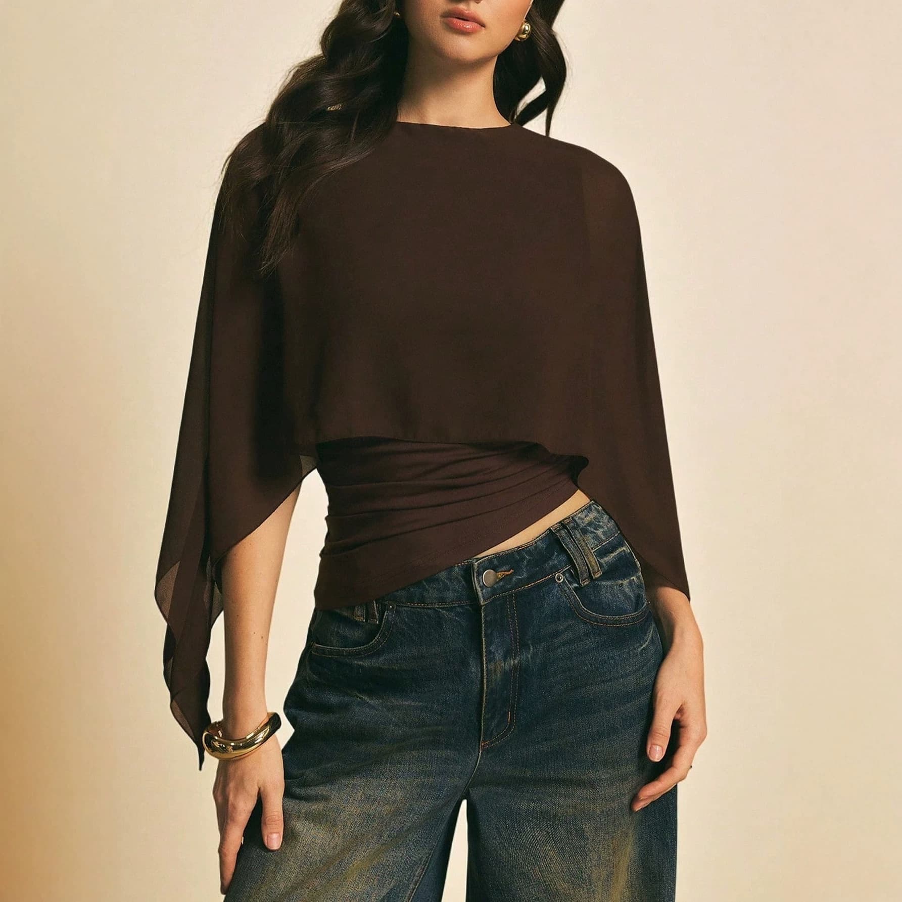 European and American bat-sleeve shawl fake two-piece top for women cross-border splicing design half-sleeve cape mesh solid color T-shirt